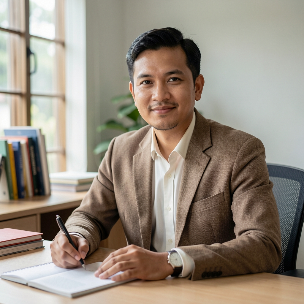 Editorial portrait of the Aledorun journal founder seated at a light oak writing desk in a Jakarta studio, natural window light, books and notebooks in background
