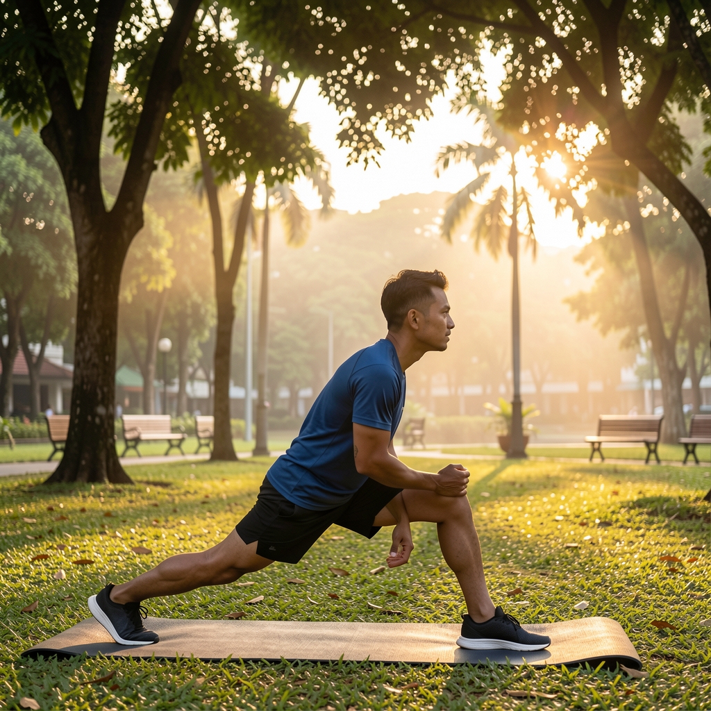 Active Indonesian man in athletic wear stretching outdoors at sunrise in a Jakarta park, morning light filtering through trees