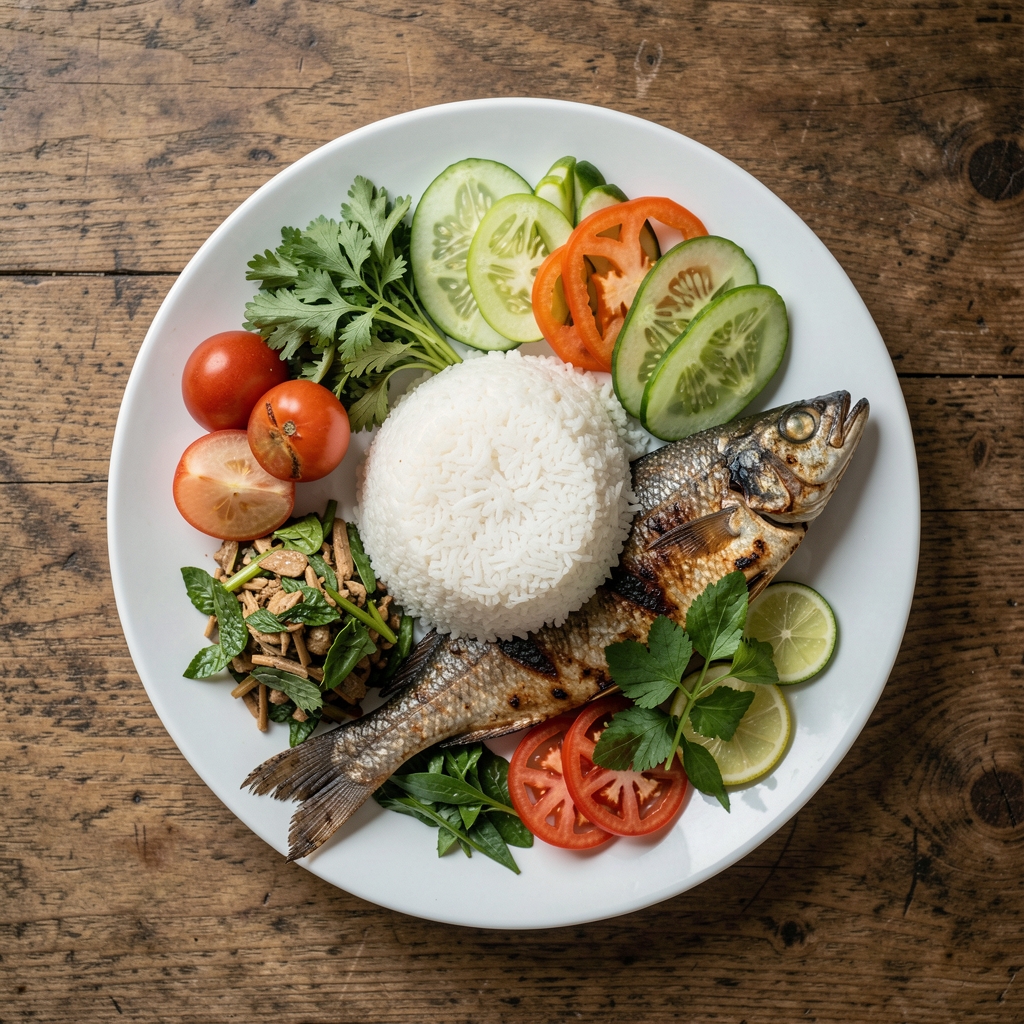 Overhead view of a balanced Indonesian meal with rice, grilled fish, fresh vegetables, and herbs on a wooden table