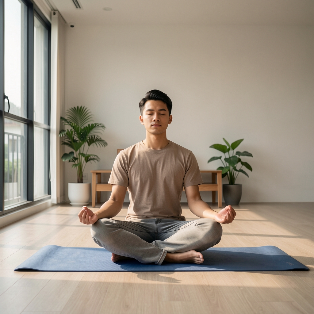 Young Indonesian professional meditating on a yoga mat in a minimalist Jakarta apartment, calm expression, morning light