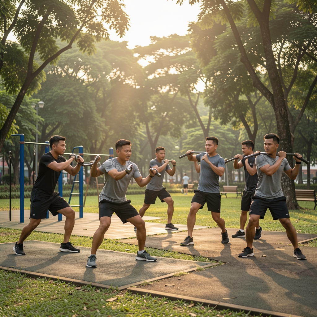 Group of Indonesian men in athletic gear doing functional outdoor fitness training in a Jakarta park at dawn, dynamic movement, green trees in background