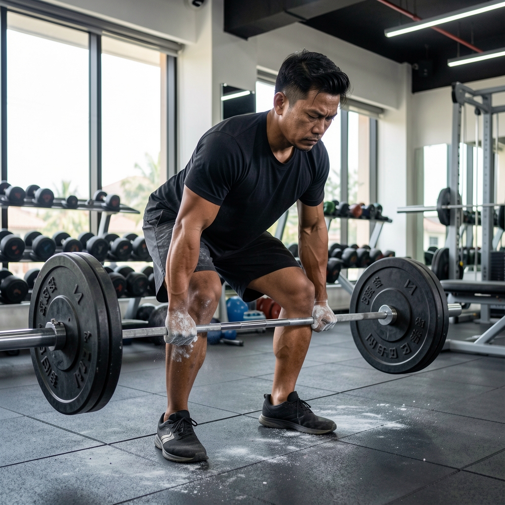 Indonesian man performing a deadlift with proper form in a well-lit private gym in Jakarta, focused expression, chalk dust on hands