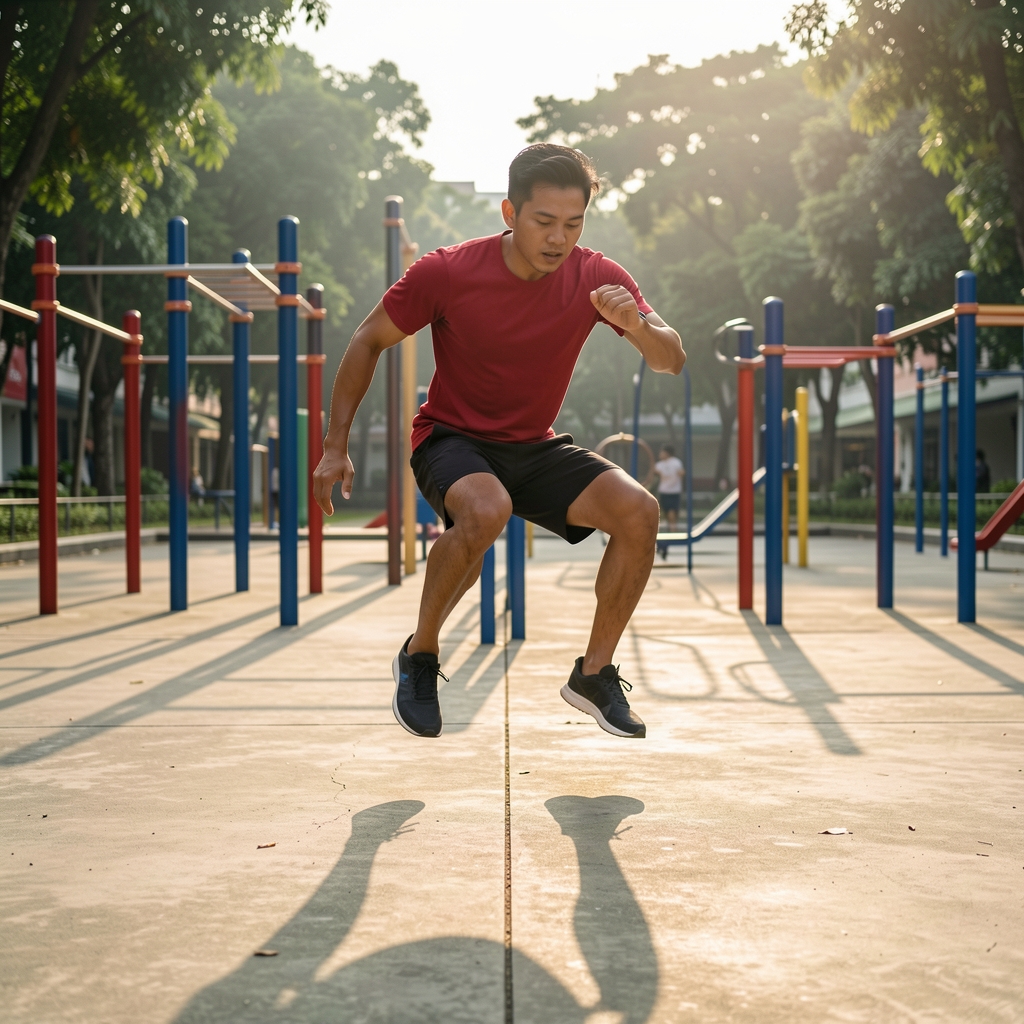 Indonesian man performing a box jump in an open-air Jakarta fitness park, midair moment, morning light casting long shadows on concrete