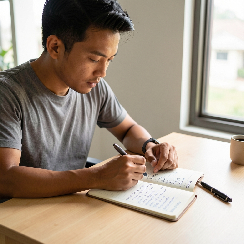 Indonesian man reviewing a weekly workout and nutrition journal on a light wooden desk, handwritten tracking log with a pen beside it, natural morning light